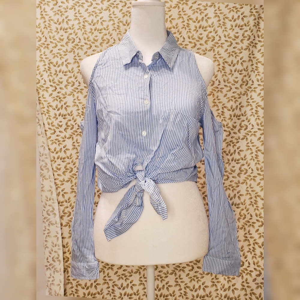 Striped cold shoulder button down top